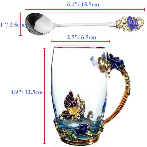 Tea Cup Glass Coffee Mugs Enamel Rose Flower Butterfly Drinking Cups with Spoon Set Unique Gifts for Birthday Wedding Christmas Blue Rose Tall Mug 12oz