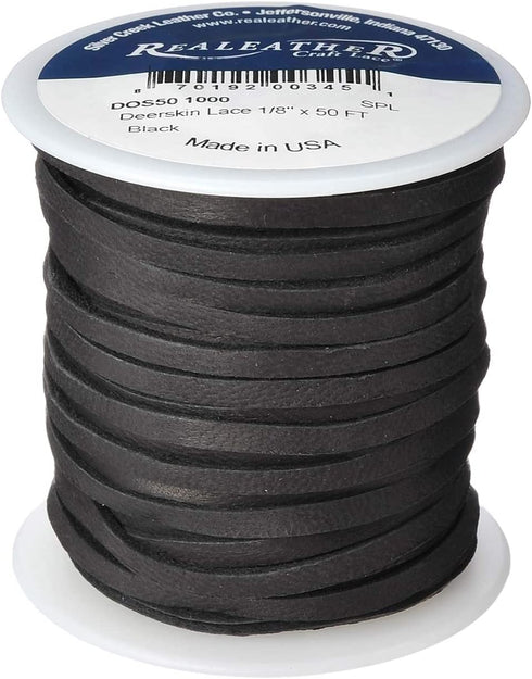 Realeather Crafts Deerskin Lace, 0.125-Inch Wide 50-feet Spool, Black