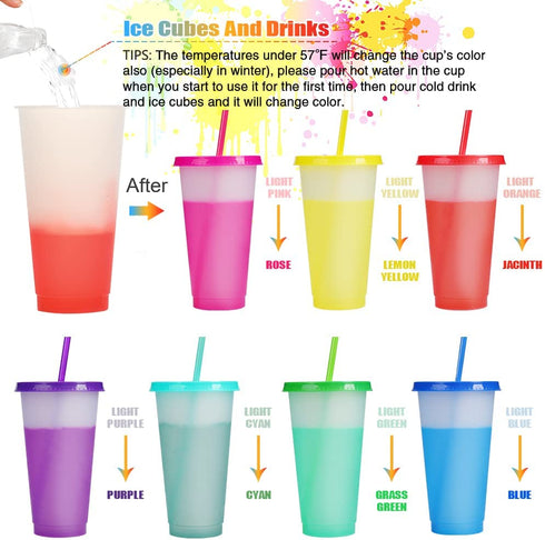 Color Changing Cups Tumblers with Lids Straws - 7 Reusable Bulk Tumblers Plastic Cold Cups for Adults Kids 24oz Tumbler