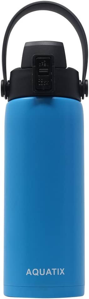 New Aquatix (Sea Mist Blue, 21 Ounce) Pure Stainless Steel Double Wall Vacuum Insulated Sports Water Bottle Convenient Flip Top Cap with Removable Strap Handle - Keeps Drinks Cold 24 hr/Hot 6 hr