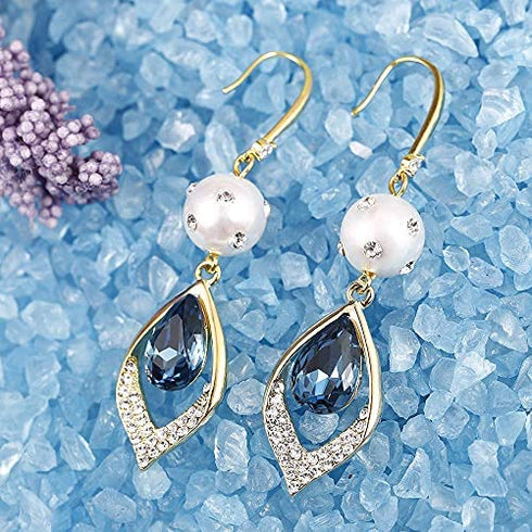 Elegant Blue Crystal Teardrop Dangle Earrings for Women,Giftable Weddings Jewelry for Bride Bridesmaid,14K Gold and Blue Zircon Drop Earrings