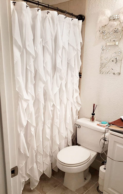 Volens White Ruffle Shower Curtain Farmhouse Fabric Cloth Curtains for Bathroom, 72x72 in Long