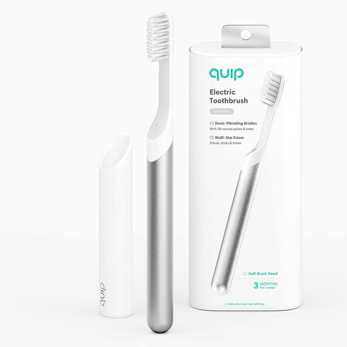 Quip Adult Electric Toothbrush - Sonic Toothbrush with Travel Cover & Mirror Mount, Soft Bristles, Timer, and Metal Handle - Silver
