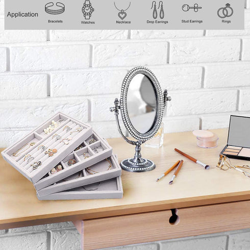 Stackable Jewelry Organizer Trays Drawer Inserts ,Velvet Earring Display Trays, Box Ring Holder Necklace Case, Storage for Bracelet Brooch Watch, Set of 4 (Gray)