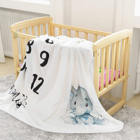 sunvito Baby Milestone Blanket Large Baby Monthly Blanket for Baby Boy Girl Newborn Soft Flannel Baby Swaddle Blanket Elephant Blanket First Year Calendar Growth Chart with Wreath Frame 47''x40''