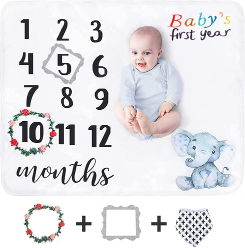 sunvito Baby Milestone Blanket Large Baby Monthly Blanket for Baby Boy Girl Newborn Soft Flannel Baby Swaddle Blanket Elephant Blanket First Year Calendar Growth Chart with Wreath Frame 47''x40''