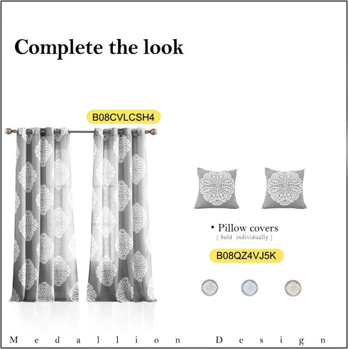 Treatmentex White and Blue Semi-Sheer Curtains for Living Room 84" Floral Medallion Print Window Panels Grommet Top 2 Pc