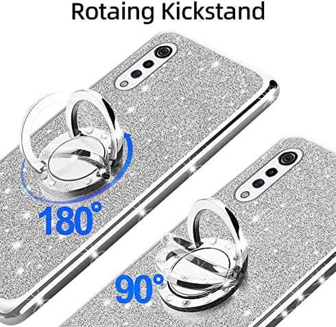 for LG Velvet 5G Case (LM-G900), LG Velvet 5G UW Case Glitter Luxury Sparkles TPU Silicone Slim Cute for Women Girls with Kickstand, Bling Diamond Ring Stand & Strap Case for LG Velvet 5G (Silver)