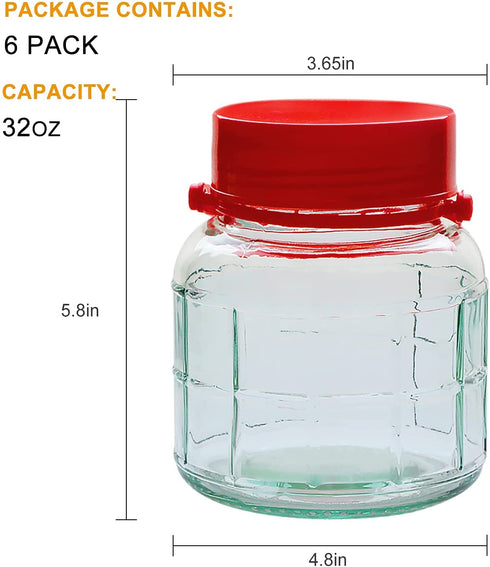 Glass Jars With Airtight Lids 32oz,Maon Jars With Handle 1L,Wide Mouth Jars With Plastic Lids For Dry Food Storage Jars for Pickling,Kitchen Canister Fermenting Sun Tea Kombucha Kefir Water Storing Canning Jars 6Pack