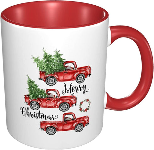 Red Christmas Coffee Truck Mug Cup for Home Office 11 Oz, Cute Funny Funky Flat Bottom Ceramic Mug Holiday Gifts for Women Men