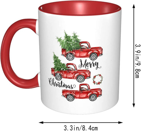 Red Christmas Coffee Truck Mug Cup for Home Office 11 Oz, Cute Funny Funky Flat Bottom Ceramic Mug Holiday Gifts for Women Men