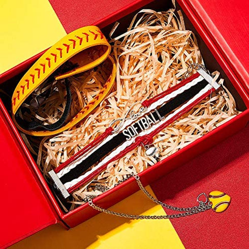 WILLBOND 4 Pieces Softball Girl Accessories Set, Softball Headband Softball Bracelet Softball Necklace Softball Drawstring Bag for Women Girls