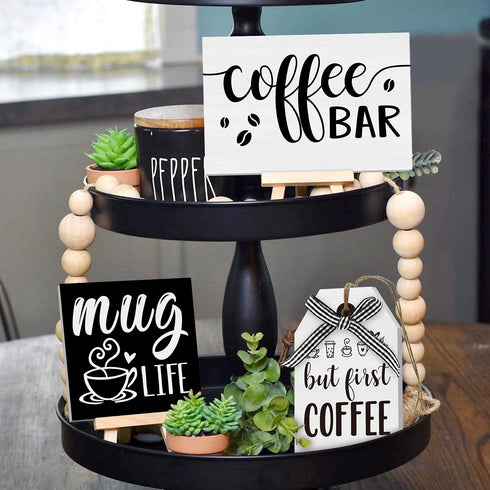 Coffee Bar Tiered Tray Decor Signs Set of 3, 3D Raised Wood Block with Buffalo Plaid Farmhouse Home Kitchen Coffee Decorations for Tray, Coffee Bar, Coffee Station, Shelf, Mantel (Tray Not Included)
