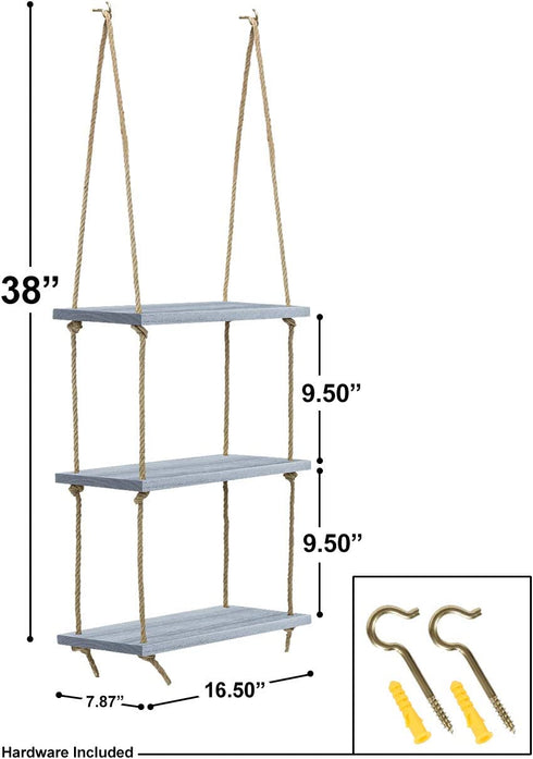 Sorbus Wood Hanging Shelf 3-Tier Rustic Wood Swing Storage Shelves Jute Rope Organizer Rack, Floating Display Shelves (Grey)