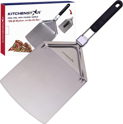 KitchenStar Stainless Steel Pizza Peel with Folding Handle (9.5 x 14 Inches) for Oven Pizza Turning, Placement and Retrieving - Professional Baking Tools Series