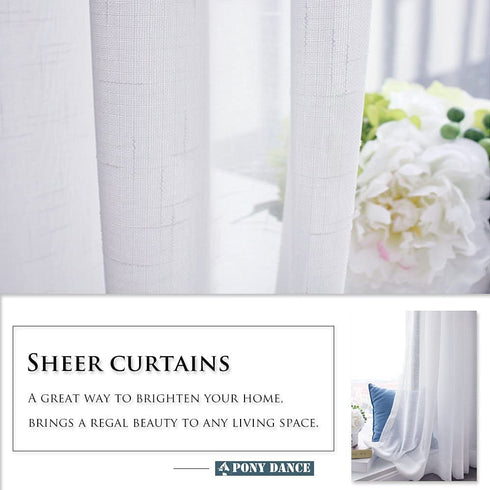 PONY DANCE Short Window Curtains - Linen Look Semi Sheer White Voile Valance Casual Back Tab Drapes for Small Bathroom Basement, 52 Wide x 36 Long, 2 Panels
