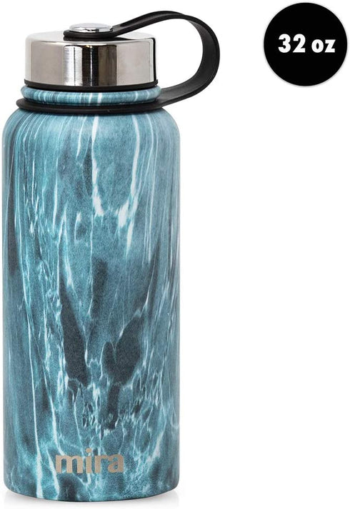 MIRA 32 Oz Stainless Steel Vacuum Insulated Wide Mouth Water Bottle - Thermos Keeps Cold for 24 hours, Hot for 12 hours - Double Wall Hydro Travel Flask - Blue Granite