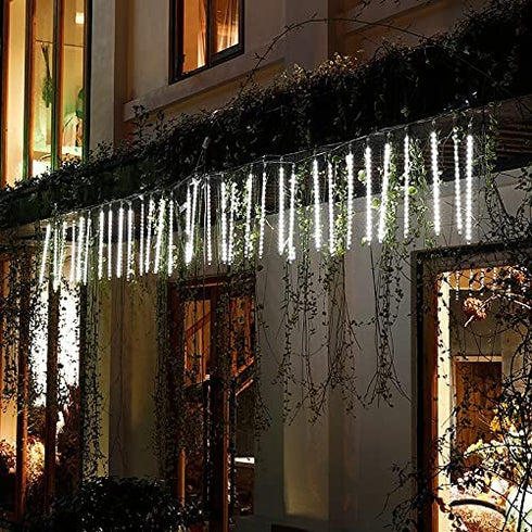 YEGUO Solar Meteor Shower Rain Lights Outdoor, White Meteor Lights 30cm 8 Tubes 144 LED, Falling Raindrop Fairy String Lights for Tree Holiday Porch Yard Patio Roof Party Christmas Decoration