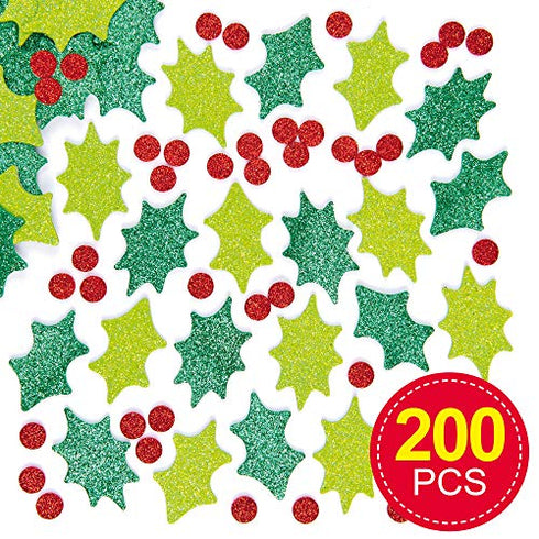 Baker Ross EX729 Holly and Berry Glitter Foam Stickers - Pack of 200, for Kids to Decorate Christmas Cards and Collage