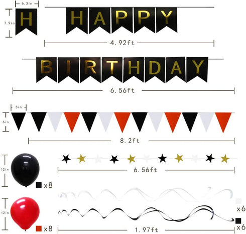 ADLKGG Red Black Birthday Party Supplies, Happy Birthday Banner with Balloons, Triangular Pennants, Hanging Swirls, Paper Fans, Circle Star Paper Garland for Mickey Mouse Pirate Theme Birthday