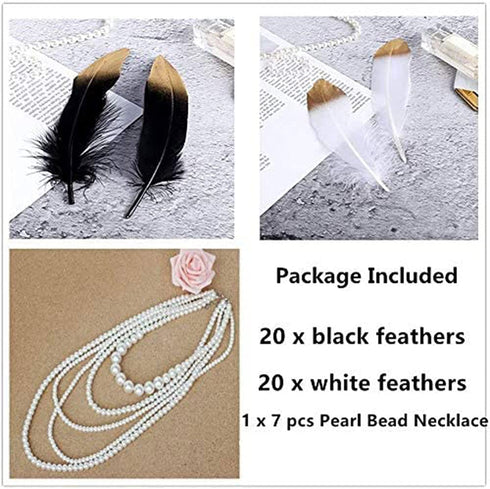 JeVenis 41 PCS Gorgeous Black and Gold Dipped Feather Black Feathers White Pearl Bead Necklaces for 1920's Wedding Cake Decoration Gastby Theme Table Decorations