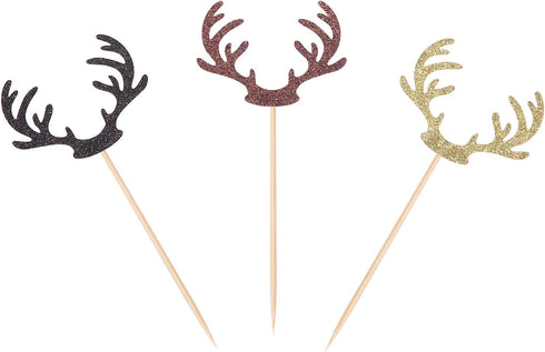 24 Counts Deer Antler Cupcake Toppers Rustic Party Decoration Picks - Rudolph Cupcake Toppers - Mixed Colors