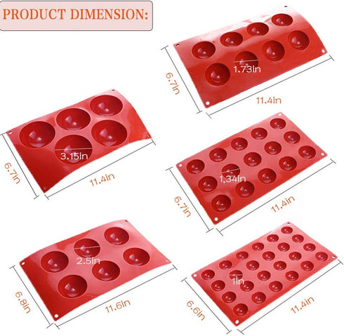 5Pack Sphere Silicone Molds,Ausplua Silicon Dome mold semi sphere Baking Mould for Making Candy, Chocolate,Cake,Jelly,Variety Sizes?Brick Red)