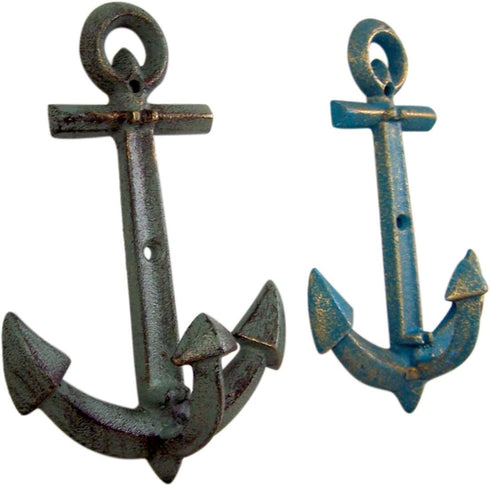Primitive Blue and Grey Cast Iron Anchor Wall Hooks, 7 1/2 Inches, Set of 2