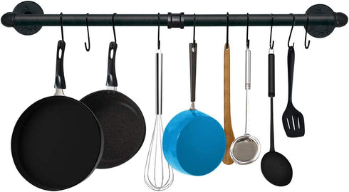 TLBTEK Industrial Pipe Clothes Rack,Black Iron Bathroom Kitchen Towel Bar,Vintage Farmhouse DIY Wall Mounted Pot Bar Rack, Detachable Kitchen Utensils Hanger (31.5 Inch)