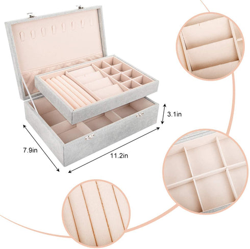 Mebbay 2 Layer Velvet Jewelry Box Organizer for Women Girl, Jewelry Box with Removable Tray for Necklace Stud Earrings Bracelets Rings (Grey), 11.2" x 7.9" x 3.1"