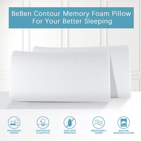 BEBEN Contour Memory Foam Pillow for Neck Pain Relief, Adjustable Neck Pillow for Side Sleepers, Ergonomic Bed Pillow Small Size Desgin for Travel and Childs