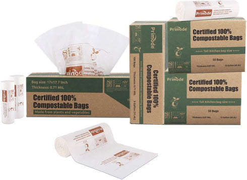 Primode 100% Compostable Bags, 13 Gallon Food Scraps Yard Waste Bags, 50 Count, Extra Thick 0.87 Mil. ASTMD6400 Compost Bags Small Kitchen Trash Bags, Certified By BPI And TUV