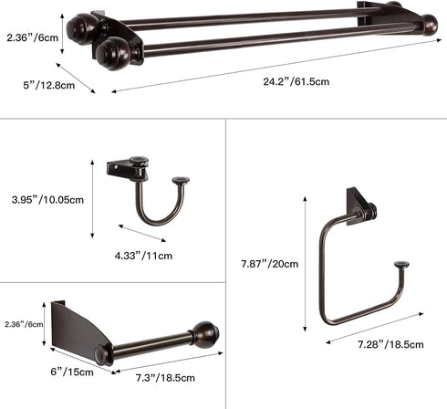 TONIAL Bathroom Hardware Set, Antique Bronze Traditional Upgraded Towel Bar Rack Set 4 Piece - Includes 20" Double Towel Bar, Toilet Paper Holder, Towel Hook, Towel Holder, Bathroom Accessory Set