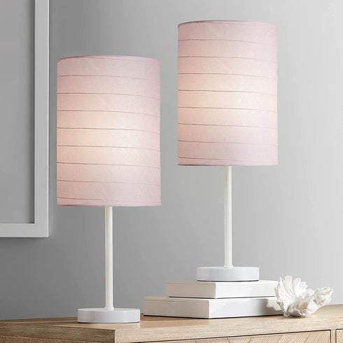 PORTRES 18.75'' Traditonal Accent Table Lamp Set of 2 for Bedroom Desk Lamps for Living Room Kids Room Study Room Office Rustic Decor Nightstand Rice Paper Lamps( White& Pink)