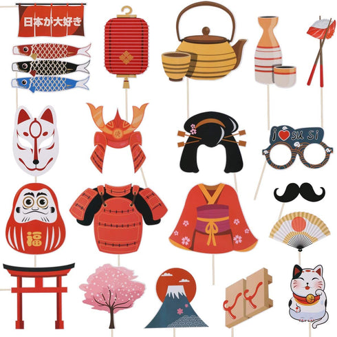 PRETYZOOM 20pcs Japanese Party Photo Booth Props Japan Photo Props Kabuki Kitsune Samurai Decor for Birthday Halloweeen Christmas Party