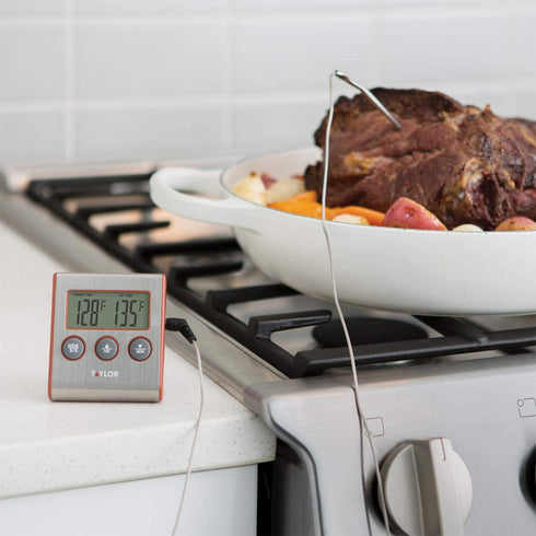 Taylor Precision Products Instant Read Wired Probe Digital Meat Food Grill BBQ Cooking Kitchen Thermometer with Timer Alarm, Red