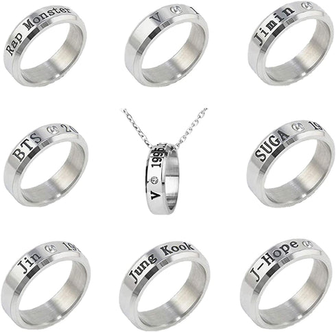 8 Pack Kpop BTS Bangtan Boys Ring with Necklace for Army Gifts