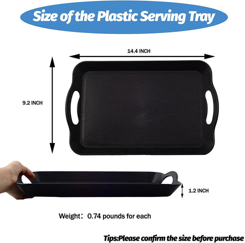 LEEHOWA 3 Pack 14 inches Plastic Tray with Handles Rectangle Serving Set, Multipurpose Waterproof, Non Slip Trays for Food, Parties, Coffee Table, Buffets, Breakfast(Black Wood Grain)