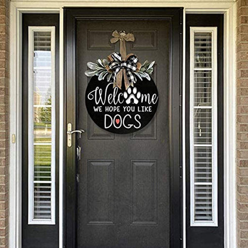 Welcome Wreath Sign for Farmhouse Front Porch Decor - We Hope You Like Dogs - Door Hanging with Premium Greenery - Gift for Christmas Housewarming Holiday Home Decoration