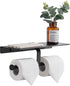 Matte Black Toilet Paper Toilet Holder with Shelf/ Dual Rolls Commercial Toilet Paper Dispenser with Storage Shelf for Wipes, Tissues, Cell Phone. Wall Mounted with Glue or Screws, Aluminum
