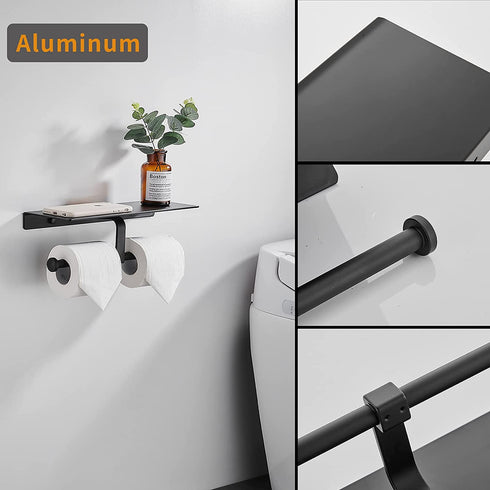Matte Black Toilet Paper Toilet Holder with Shelf/ Dual Rolls Commercial Toilet Paper Dispenser with Storage Shelf for Wipes, Tissues, Cell Phone. Wall Mounted with Glue or Screws, Aluminum