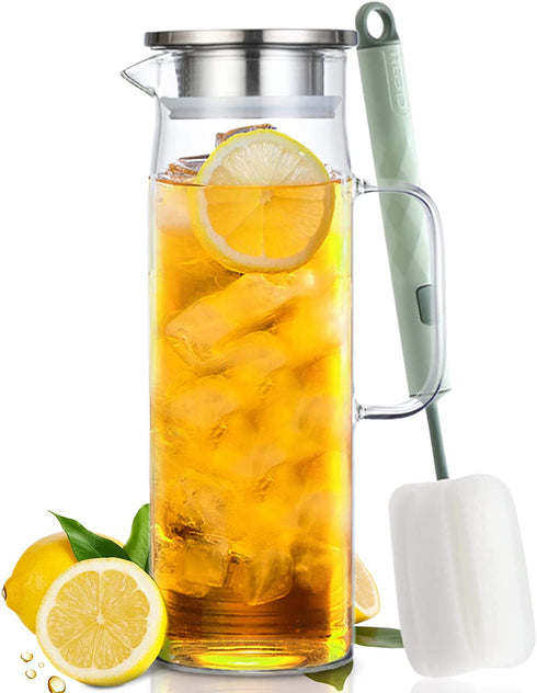 Glass Pitcher with Stainless Steel Lid, ANZUSY 48 Ounces/1.4 Litre Water Carafe with Handle Coffee Glass Jug for Iced Tea, Hot/Cold Water, Coffee, Juice, Milk, Lemonade & Cold Brew