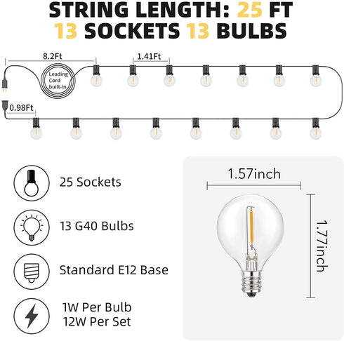 RTTY Outdoor String Lights 25ft, G40 Led Patio Lights with 13pcs Bulbs,Waterproof Shatterproof Dimmable Hanging Globe Outdoor Lights for Cafe,Bistro & Backyard
