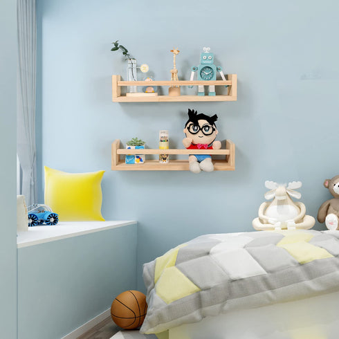 Nursery Bookshelf- Set of 2- Baby Floating Bookshelf or Book Shelf Organizer for Kids Nursery Decor,Wall Shelves for Kitchen Spice Rack,Pine Natural Wood