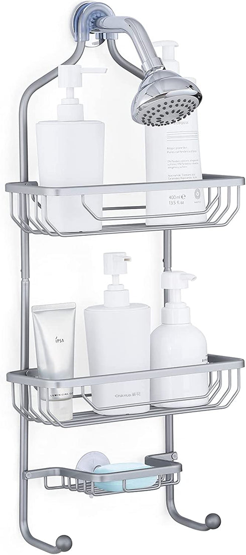 Hanging Shower Caddy, Maxdoux Bathroom Storage Rack Over Shower Head Aluminum 100% Anti-Rust Shower Organizer With Basket for Soap and 2 Hooks, Extra Wide Shower Storage for Shampoo, Conditioner, Gray