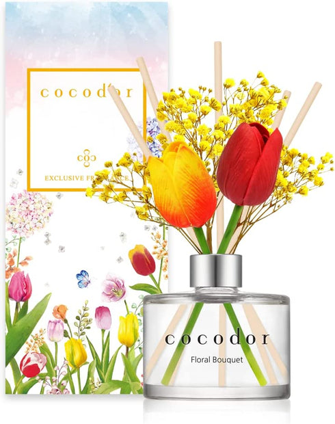 Cocod'or COCODOR Tulip & Preserved Real Flower Reed Diffuser/Floral Bouquet / 6.7oz(200ml) / 1 Pack/Reed Diffuser Set, Oil Diffuser & Reed Diffuser Sticks, Home Decor & Office