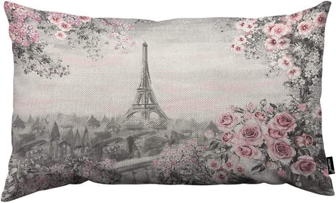 HOSNYE Eiffel Tower Throw Pillow Cover Gray and Pink Oil Painting for Paris Summer Gentle City Landscape Flower Roses and Leaf Linen Fabric for Couch Bed Sofa Car Waist Cushion Cover 12 x 20 inch