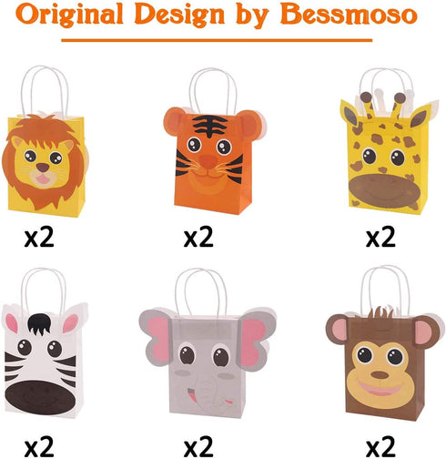Jungle Safari Favor Bags Zoo Animals Birthday Treat Goody Bags for Kids Baby Jungle Party Favor Decorations Supplies Pack of 12