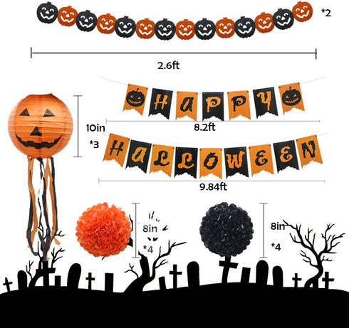 Halloween Party Decoration Kit, Orange Black Pumpkin Paper Garland Lantern Lamp Tissue Paper Pom Poms Flowers €œHappy Halloween Banner for Halloween Party Birthday Event Decorations