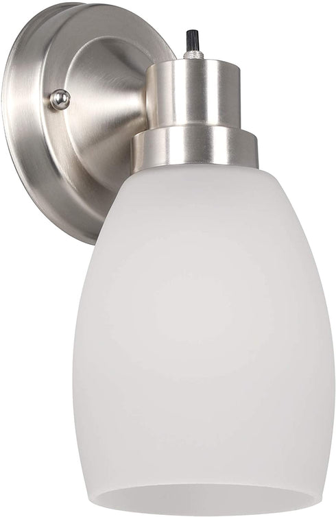 Design House 588814-SN Lydia Transitional 1-Light Indoor Wall Light Dimmable with a White Frosted Glass Shade and Twist On/Off Switch for Hallway Foyer Bathroom, Satin Nickel